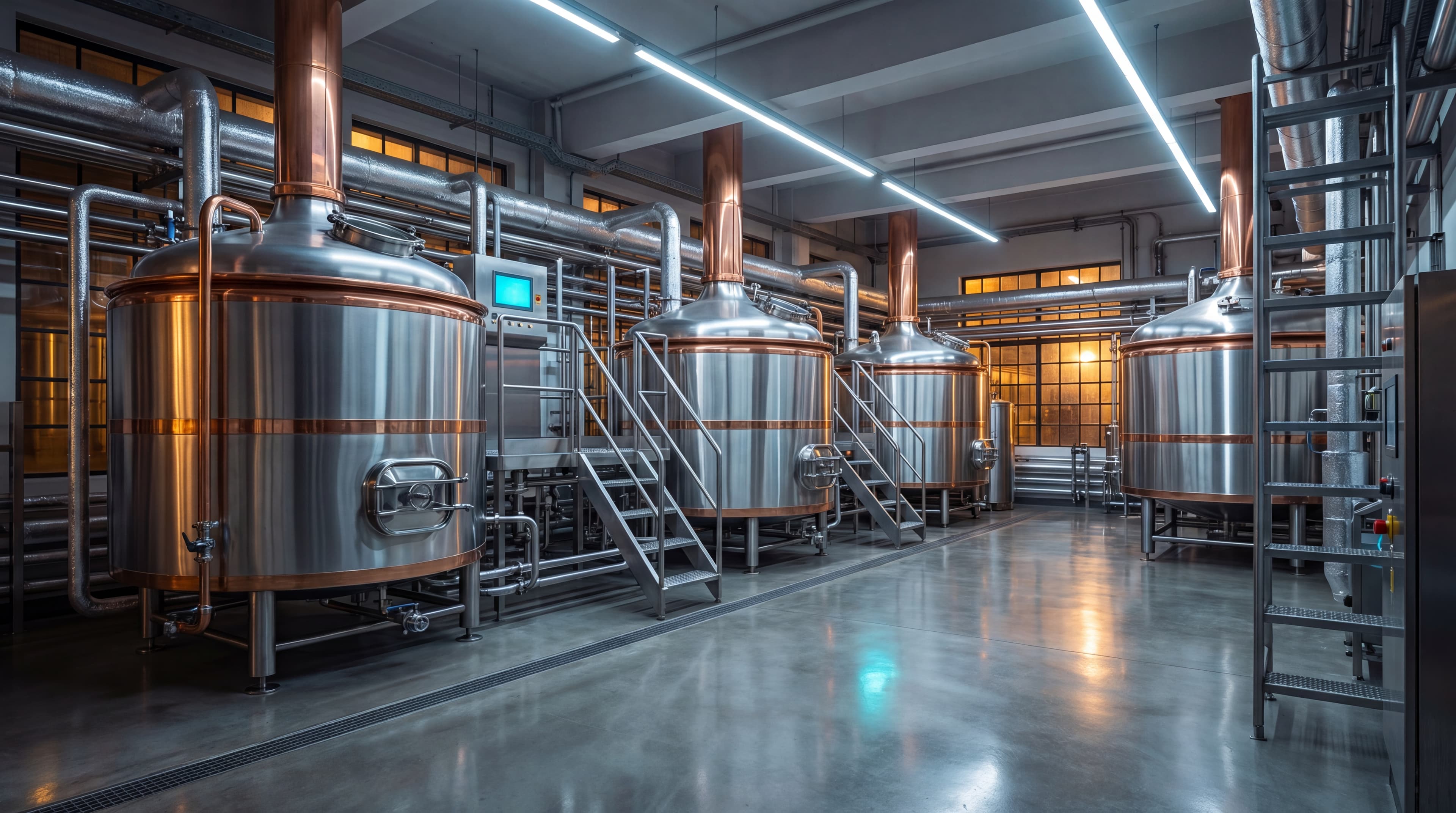 Modern industrial brewery hall with stainless-steel mash and fermentation vessels under cool LED lighting